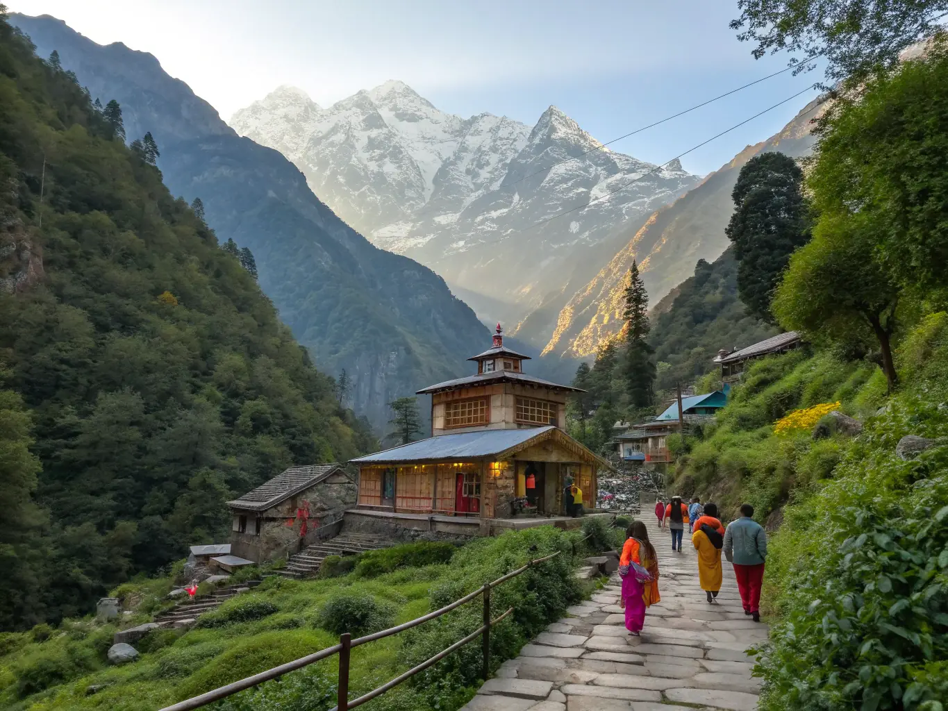 A cozy and inviting guesthouse near a Shiva temple, with pilgrims entering and leaving, highlighting the convenience and accessibility of accommodations for spiritual travelers.