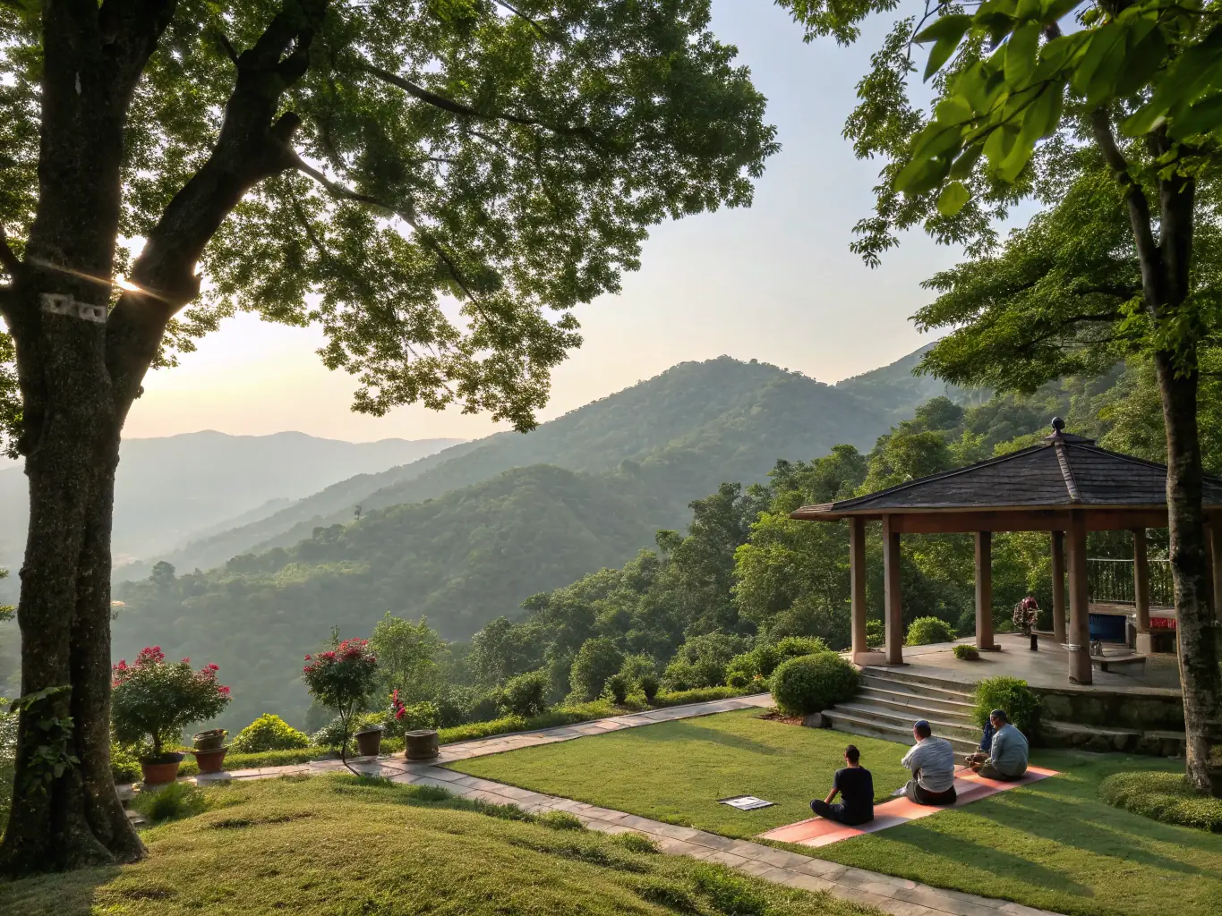 A serene image of a well-maintained ashram with lush gardens, providing a peaceful and reflective environment for spiritual seekers.