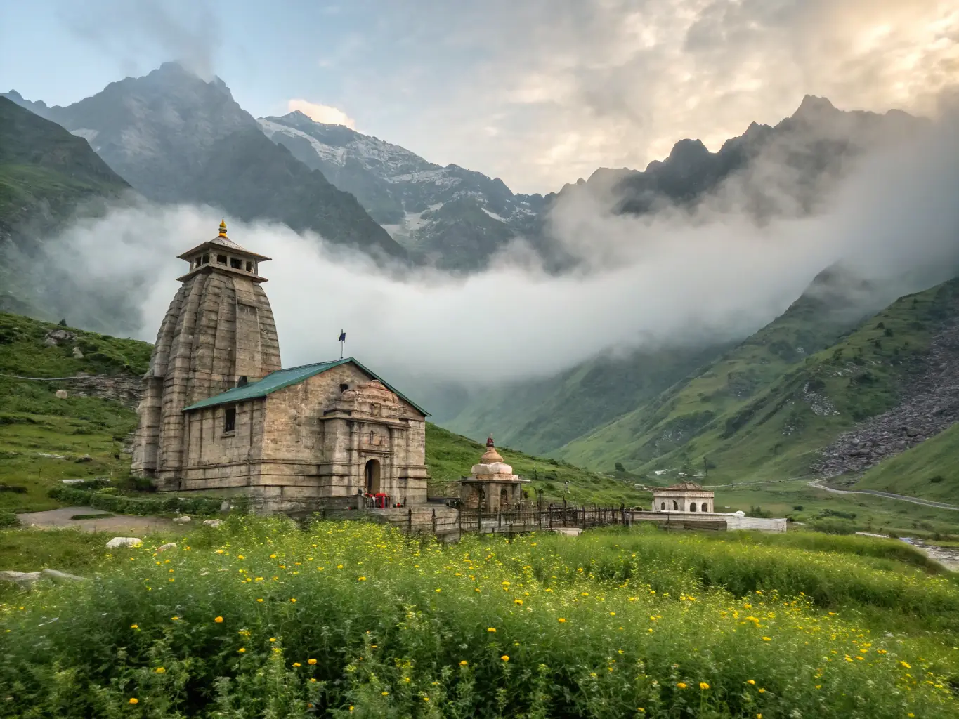A panoramic view of the Kedarnath Temple nestled in the Himalayas, with pilgrims trekking towards it, symbolizing a challenging yet spiritually rewarding journey.