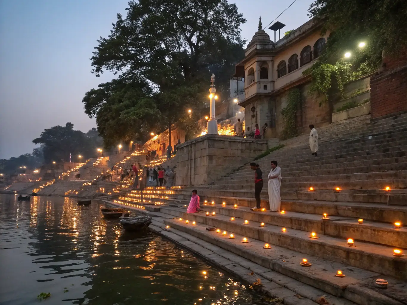 A serene image of the Kashi Vishwanath Temple in Varanasi, with devotees offering prayers and the Ganges flowing in the background, representing a deeply spiritual experience.