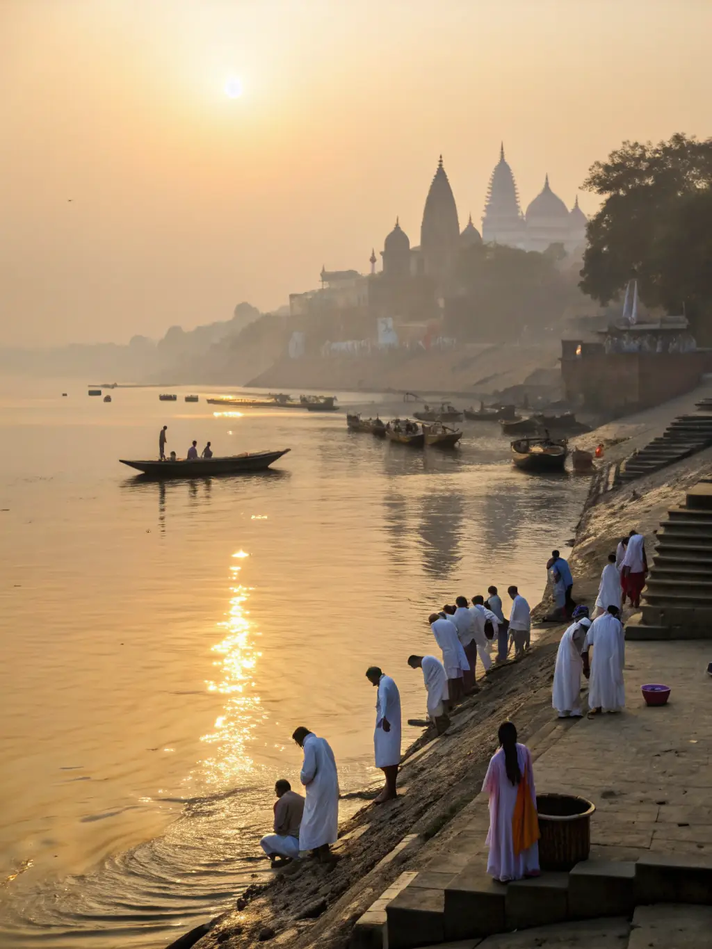 A vibrant photo of Varanasi's ghats at sunrise, with devotees performing rituals and the Ganges River flowing peacefully, capturing the city's spiritual essence.