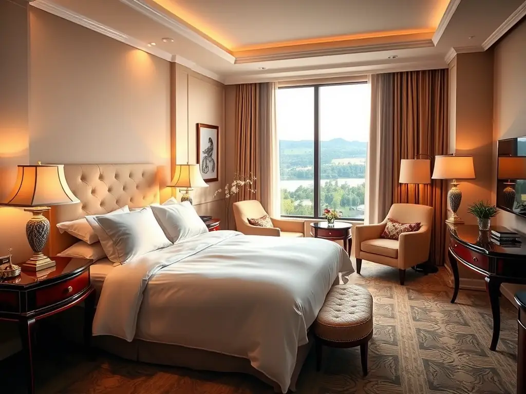A serene hotel room with a view of the Himalayas, capturing the essence of a peaceful retreat for spiritual travelers.