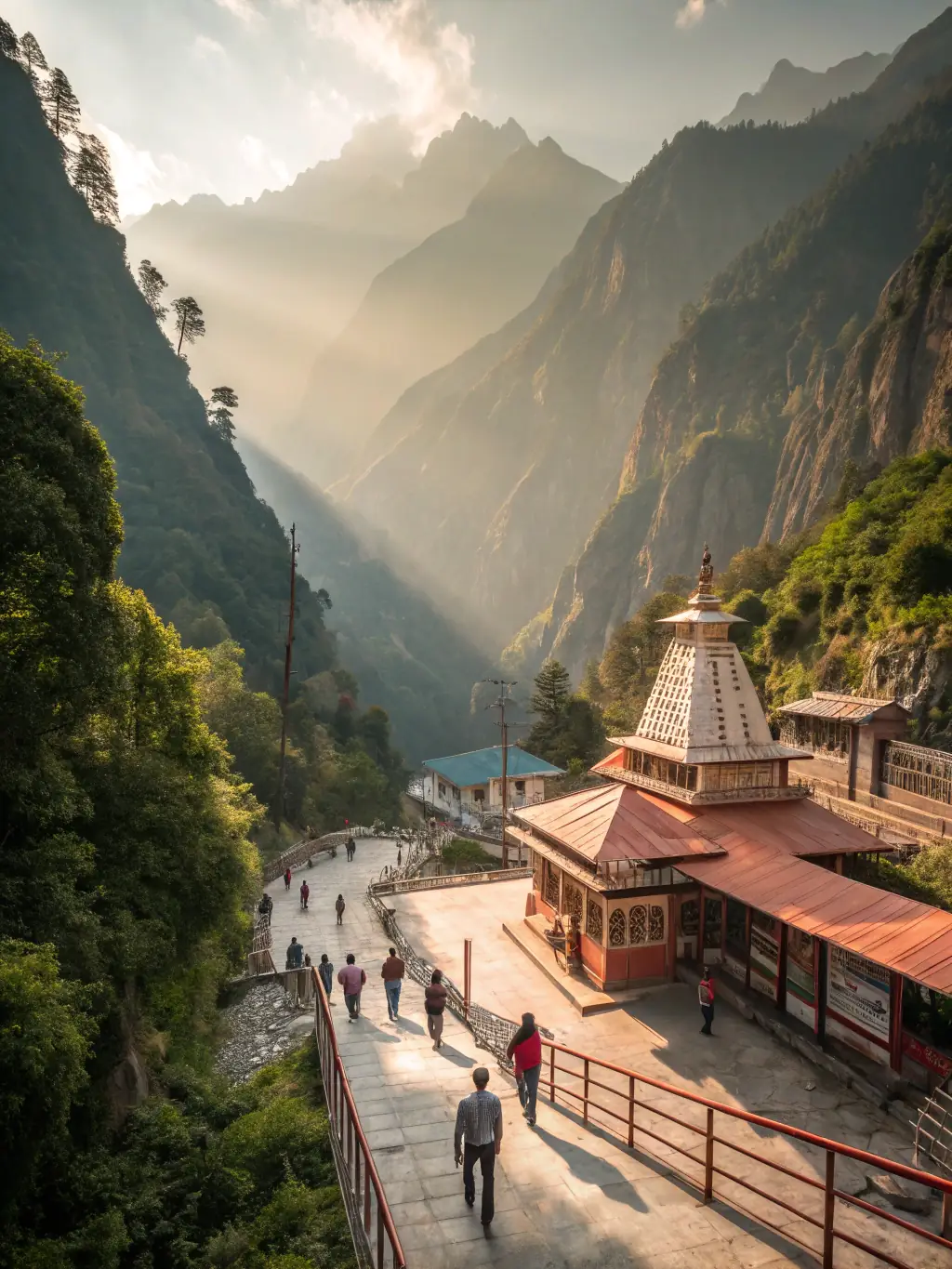 A serene image of the Kedarnath Temple nestled in the Himalayas, with pilgrims walking towards it, symbolizing a challenging yet spiritually rewarding journey.